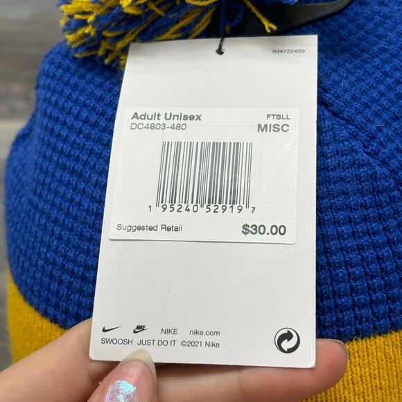 NWT Nike Pitt Panthers Royal Blue Yellow OS Center Swoosh Cuffed Pom Beanie Hat - Picture 6 of 9